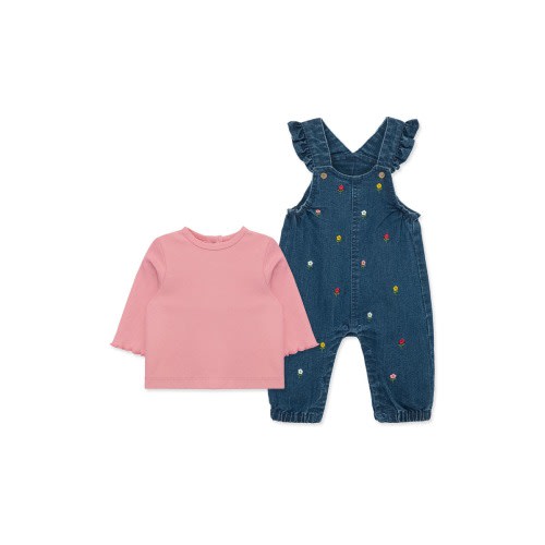 Rib T-Shirt & Embroidered Floral Overalls Set