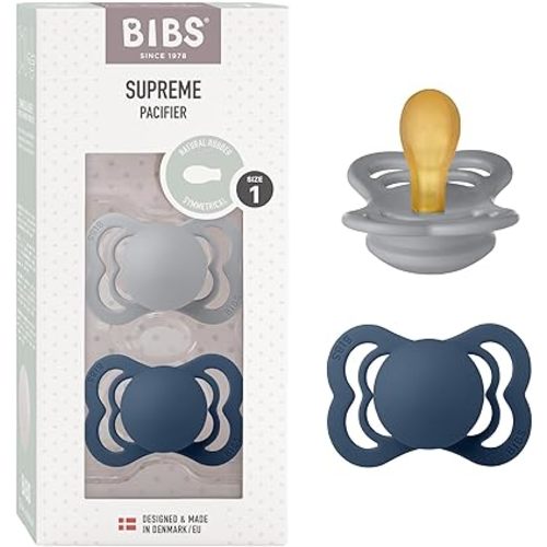 BIBS Supreme Baby Pacifier 2-Pack | Made in Denmark | BPA Free Dummy Soother, Symmetrical Nipple. Natural Rubber Latex, Size 1 (0-6 Months), Cloud / Steel Blue