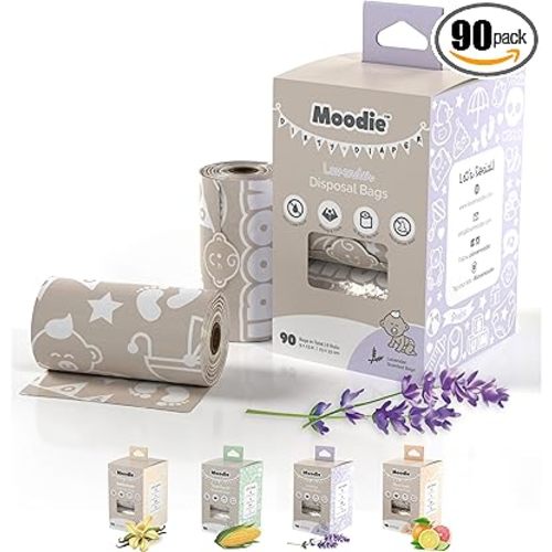 Disposable Diaper Bags (90 BAGS TOTAL) | LAVENDER-SCENTED Dirty Diaper Disposal Baggies (6 Refill Rolls 9 x 13in) | Leak Proof Nappy Trash Bags on the Go | Baby Poop Bags | Travel Diaper Bags