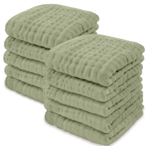 Baby Washcloths Muslin Cotton, Large 10”x10” By Comfy Cubs (sage, Pack Of 6)