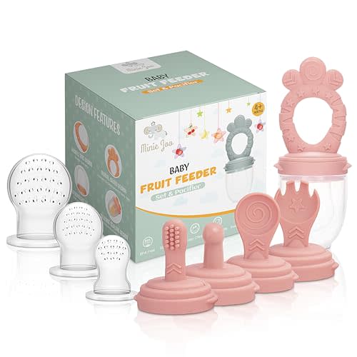 Minie Joo Baby Fruit Feeder Pacifier – 7-in-1 Silicone Teether Toy & Food Feeder with Spoon, Fork, and Interchangeable Heads – BPA-Free, Anti-Choke, Self-Feeding Set for Infants & Toddlers