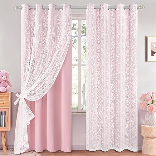 ASPMIZ Pink Blackout Curtains for Girls Bedroom Double Layer Curtains 52x63