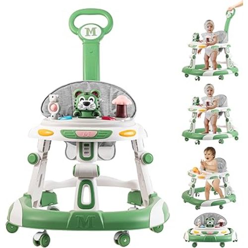 Baby Walker, 4-in-1 Foldable Baby Walkers and Baby Activity Center with Toys Tray,3-Gear Height Adjustable Infant Toddler Baby Walker with Wheels for Baby Boys and Girls 6-24 Months(Green)