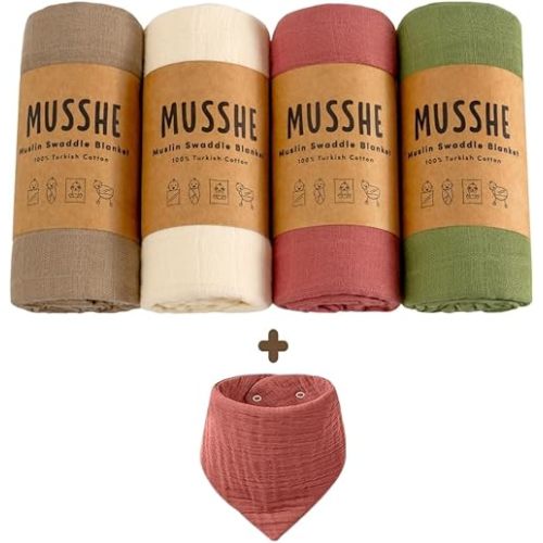 Muslin Swaddle Blankets - 4 Pack, 100% Organic Turkish Cotton Baby Blankets, Soft & Breathable Newborn Swaddles, Baby Wrap for Boys & Girls, Ideal for Sensitive Skin (4 Pcs, 40x40 Inch)