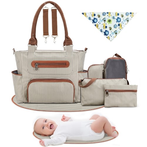 iMounTEK 8PCS Diaper Bag Tote Set, Baby Bags for Mom, Khaki