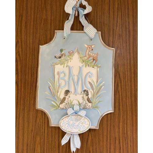 Personalized Baby Boy Door Hanger: Wildlife Crest, Hunting, Deer, Duck, Monogram Nursery Decor