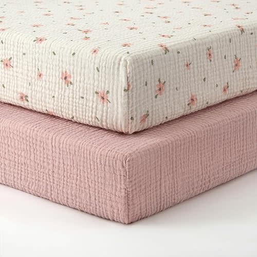Blissful Diary Muslin Crib Sheets for Girl Boy, Boho Neutral Soft Cotton Baby Sheet for 52''x28'' Standard Crib Mattress, 2 Pack(Pink Floral&Light Pink)