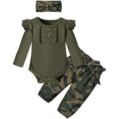 KANGKANG Newborn Baby Girl Clothes Ribbed Ruffle Sleeve Romper + Floral Pants + Headband Cute Infant Baby Girl Outfit 3Pcs