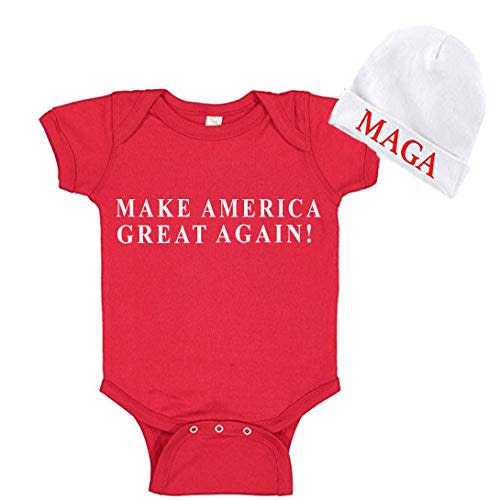 Donald Trump Make America Great Again Baby Bodysuit and MAGA Rib Cap (6 Month, Red)