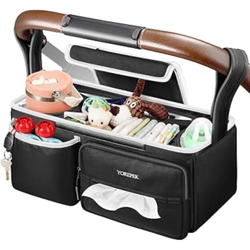 YOREPEK Spacious Stroller Caddy Fits for UPPAbaby Vista/Minu/Cruz, Adjustable Stroller Organizer with 2 Insulated Cup Holders, Easy-clean Stroller Bag for Travel, Walks, Accessories, Baby Essentials