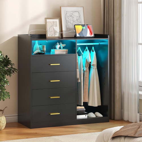 Winkalon 4 Drawer Dresser with Clothing Rack and LED Lights,Modern LED Dresser for Bedroom,Black