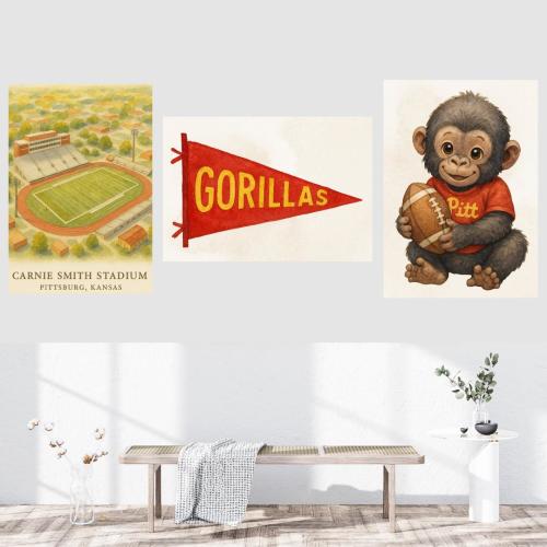 Pittsburg State Gorillas Watercolor Print Set: Stadium, Pennant, Baby Gorilla (Digital Download)