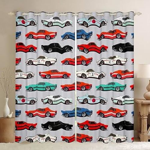 Feelyou Racing Car Blackout Curtains(30-50%) Kids Race Sports Car Darkening Curtains Extreme Sports Theme Decor Curtains for Bedroom Car Sports Competition Window Drapes (2 Panels， 52 x 84 Inch) Gray