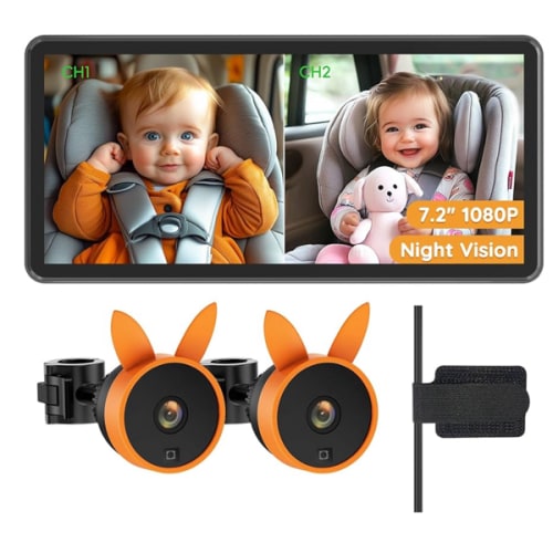 BV3 PRO Baby Car Camera for 2 Kids - 7.2" Large HD Display Dual Channel Baby Monitor, 1080P IR Night Vision Car Seat Camera, Easy Install Rear-Facing View – Ideal for Kids and Pet Safety