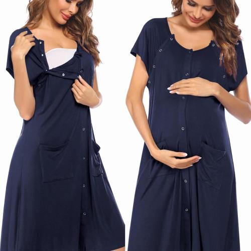 3-in-1 Maternity & Nursing Dress - Soft Rayon Blend, Button- V-Neck Sleepwear with Side Pockets for Breastfeeding, Labor & Delivery - Elegant Summer Nightgown for Expecting Moms, Maternity Sleepwear | Short Sleeve Dress | Snap Button Front