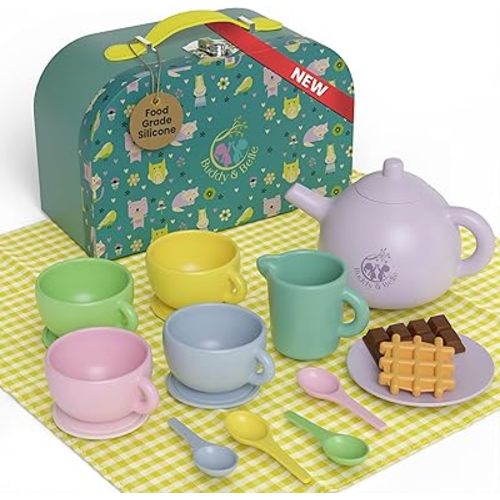 Silicone Tea Set for Kids - 18 Pcs Toddler Tea Party Set with Picnic Cloth - Cute Boutique Gift Storage Case - Food Grade Child Tea Set for Play Bath and Beach - Toddler Tea Set 1-6 Years