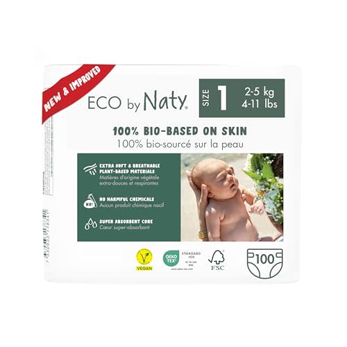 Eco by Naty Eco-Friendly Baby Diapers Newborn - 100% Plant-Based Materials on Skin, Extra Soft, for Sensitive Skin & Super Absorbent (Size 1, 100 Count)