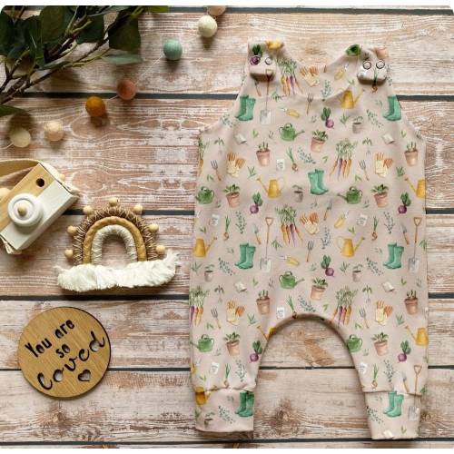 Gardener&#39;s World Romper, Gardening Print Stretch Jersey Romper, Vegetables Home Grown Print, Baby Toddler Full Leg Romper, Gardening Tools