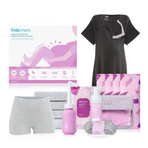 Frida Mom 15pc Labor & Postpartum Kit Gift Set for Baby Showers & Mom to Be, Includes Peri Bottle, Nursing Gown, Disposable Underwear, Ice Maxi Pads, Pad Liners, Perineal Foam, Socks & Toiletry Bag