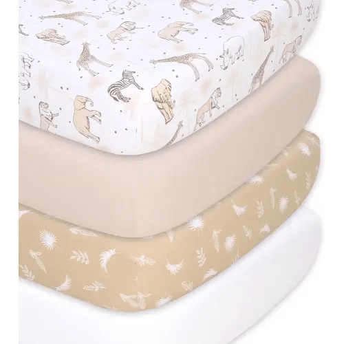 The Peanutshell Organic Crib Sheets for Boys or Girls, Breathable Super Soft 100% Jersey Cotton, Safari Nursery Decor, Gender Neutral Baby Bedding, 4 Pack Set for 28x52 Mattress, Brown Beige White