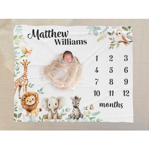 Safari Animal Baby Milestone Blanket, Custom Baby Name Blanket, Safari Growth Tracker Monthly Blanket, Nursery Decoration, New Mum Gift