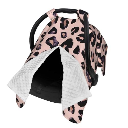 9CH Car Seat Canopy for Babies, Peekaboo Opening Minky Car seat Cover for Baby Mom Nursing Breastfeeding Covers, Minky Blanket for Infant Toddler (Pink Leopard)