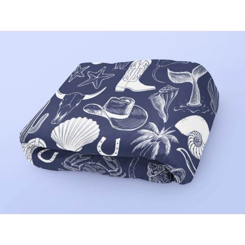 Coastal Cowgirl Cozy Velveteen Blanket, Any Season Throw Blanket, Gift for Her, Beach Seashell Blanket, Western Boho Navy White