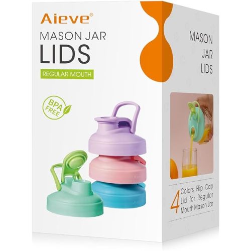 AIEVE Mason Jar Lids with Flip Top, 4 Pack, Reusable, Lid Leak-Proof Seal for Regular Mouth Mason Jars Canning Jars to Pouring Milk Coffee Lemonade (Jars not Included)