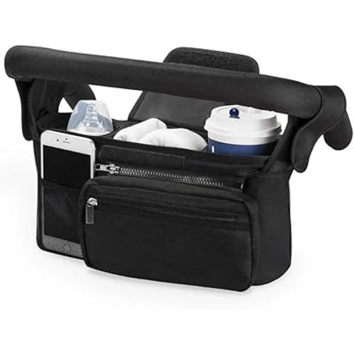 GajetNest Universal Stroller Organizer with Insulated Cup Holder Detachable Phone Bag and Carry Strap Fits Uppababy, Baby Jogger, Britax, BOB, Umbrella and Pet Stroller and more (Black)