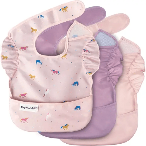 Tiny Twinkle Mess Proof Baby Bibs for Eating – Waterproof, Wipeable Toddler Bibs with Pocket – Baby Food Bibs for Girls & Boys(3 Pack,Unicorn Set)