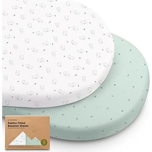 2-Pack Organic Bassinet Sheets for Girls, Boys - 100% Cotton Bassinet Mattress Sheets Compatible with Halo Bassinest Swivel Sleeper, Graco, Baby Delight, Chicco, Unisex Fitted Bassinet Sheets(Bunnies)