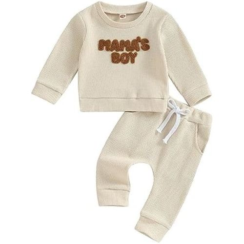 Toddler Baby Boy Clothes Mamas Boy Fall Winter Outfit Long Sleeve Letter Sweatshirt Plaid Jogger Pants Newborn Set