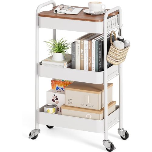 TOOLF 3-Tier Rolling Cart with Table Top, Metal Storage Cart on Wheels, Utility Organizer with Wooden Tray, Lockable Casters, Easy Assembly for Bathroom, Living Room, Office, Kitchen, White
