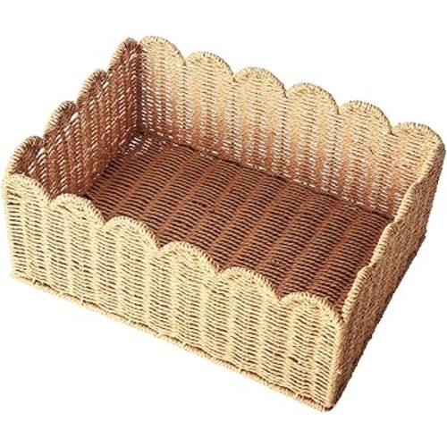 Scalloped Edge Basket, Wicker Storage Baskets, Hand Woven Baskets for Shelves,Natural Baskets for Organizing (M-14" L x 10.5" W x 6" H)