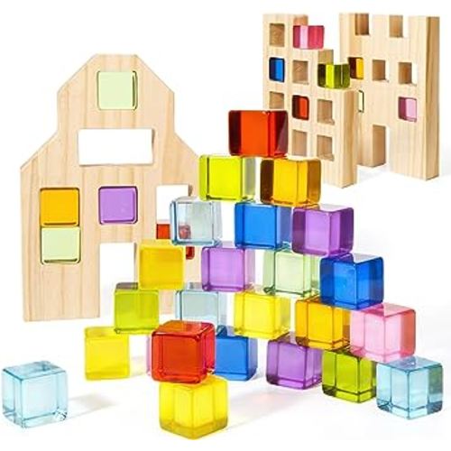 Wooden Building Blocks Set for Kids, 36 PCS Rainbow Acrylic Gem Cubes Blocks - 3 Wood House, Montessori Stacking Toy for Toddlers, Educational STEM Toys Birthday for Boys Girls 3-6