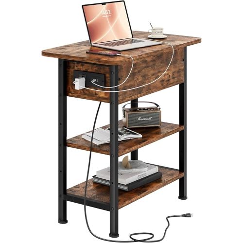 End Table with Charging Station, Flip Top Side Table with USB Ports and Outlets, 3-Tier Small Side Table with Storage for Small Space, End Tables for Living Room/Bedroom, Brown