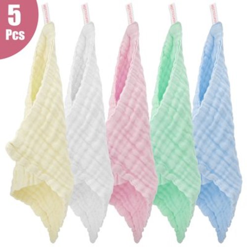 Lingsida 5pcs Muslin Washcloths, Absorbent Bath Face Towels, Multi-Colors Soft Towels, 6 Layer, 12''x12''