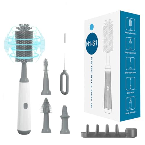 Electric Baby Bottle Brush Cleaner with Extended Handle & Drying Holder, Baby Bottle Brush Set with Silicone Bottle/Nipple/Crevice/Brush,Straw Cleaner,Lifesaver Automatic Bottle Cleaner,Gray