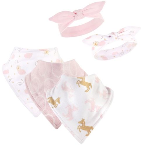 Yoga Sprout Baby Girl Cotton Bandana Bibs and Headbands 5pk, Unicorn, One Size