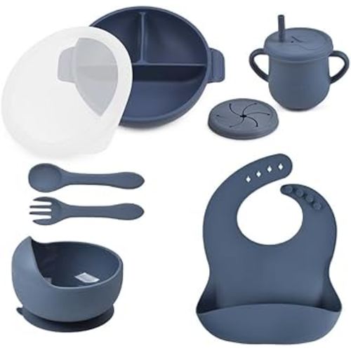 Silicone Baby Feeding Set - Perfect silicone plates for baby and Toddler Plates with lid, Baby Bowls with Suction, Baby Utensils - Baby Led Weaning Supplies and Eating Essentials - (Blue)