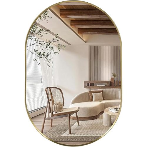 Gold Oval Mirror, 17"x30" Oval Bathroom Mirror, Vanity Mirror with Brushed Metal Frame, Wall Mount Mirrors Decor for Bathroom, Bedroom, Entryway, Living Room(Hangs Horizontally or Vertically)