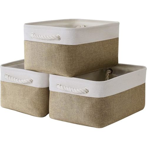 TheWarmHome Storage Basket for Organizing - 14x10x7 inch Medium 3 Pack Collapsible Storage Bin for Shelves with Handles, Canves Storage Box for Organizer Cubes Cloth Gift Toy Closet (White & Khaki)