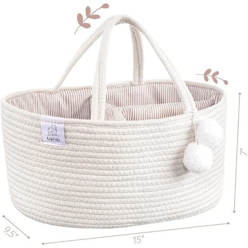 Baby Diaper Caddy Organizer- Off White Rope Nursery Storage Bin- Portable Diaper Storage Basket for Changing Table and Car- Perfect Baby Shower & Registry Gift - Off- White