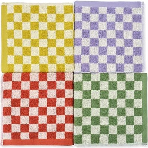 Wash Cloths for Showering Cotton Checkered 4 Pack 4 Colors - Cotton Washcloths for Face Body, 13 x 13 Inches Daily Cleansing Kitchen Towels