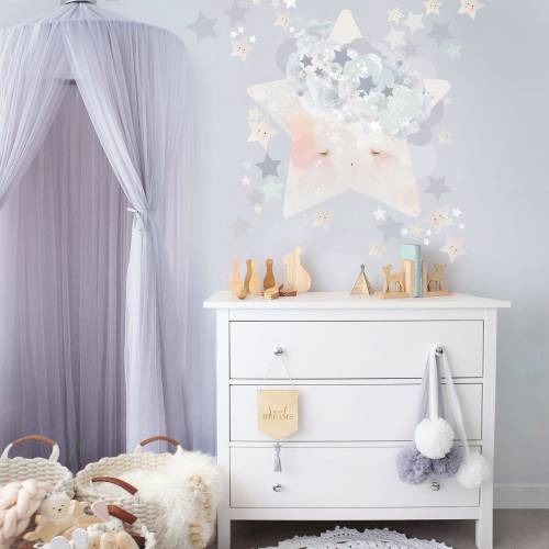 Star Fabric Decals for Kids Room, Baby Boy Star Themed Nursery, Peel and Stick Removable Wall Decal Set, 57 Stars for Celestial Nursery