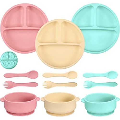 9 Pcs Silicone Baby Toddler Suction Plates Baby Bowls with Suction Toddler Bowls Set Kids Utensils Divided Plate Baby Boy Girl Feeding Set with Spoon Fork Dishwasher and Microwave Safe (Light Colors)