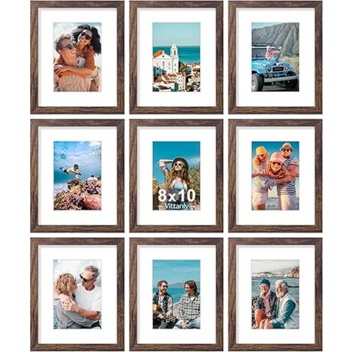 Vittanly 8x10 Picture Frames Set of 9, Shatter Resistant Plexiglass, Display 5x7 Pictures with Mat or 8x10 without Mat, Photo Frames for Wall or Tabletop, Engineered Wood, Brown