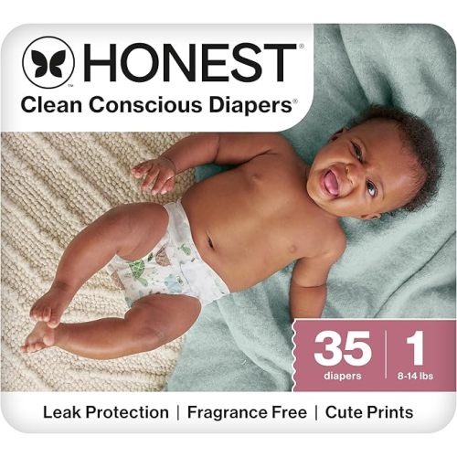 The Honest Company Clean Conscious Diapers for Sensitive Skin, Up to 100% Leakproof, Hypoallergenic, Fragrance Free, Turtle Time, Polybag, Size 1 (8-14 lbs), 35 Count