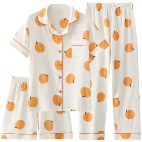Womens 3pcs Cotton Pajamas Set Short Sleeve Sleepwear Fruit Print Cute Pj Set with Long Pants