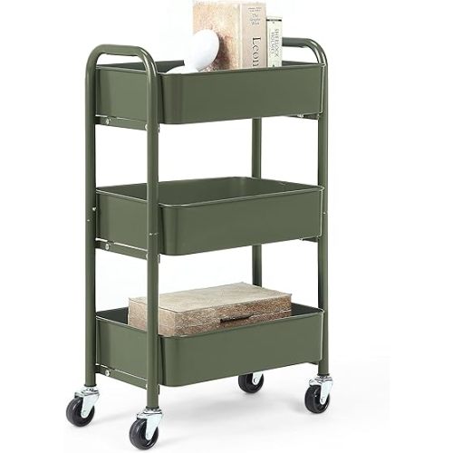 SunnyPoint 3-Tier Delicate Compact Rolling Metal Storage Organizer - Mobile Utility Cart Kitchen/Under Desk Cart with Caster Wheels (Army, Compact (15.5" X 26.8" X 10.27"))